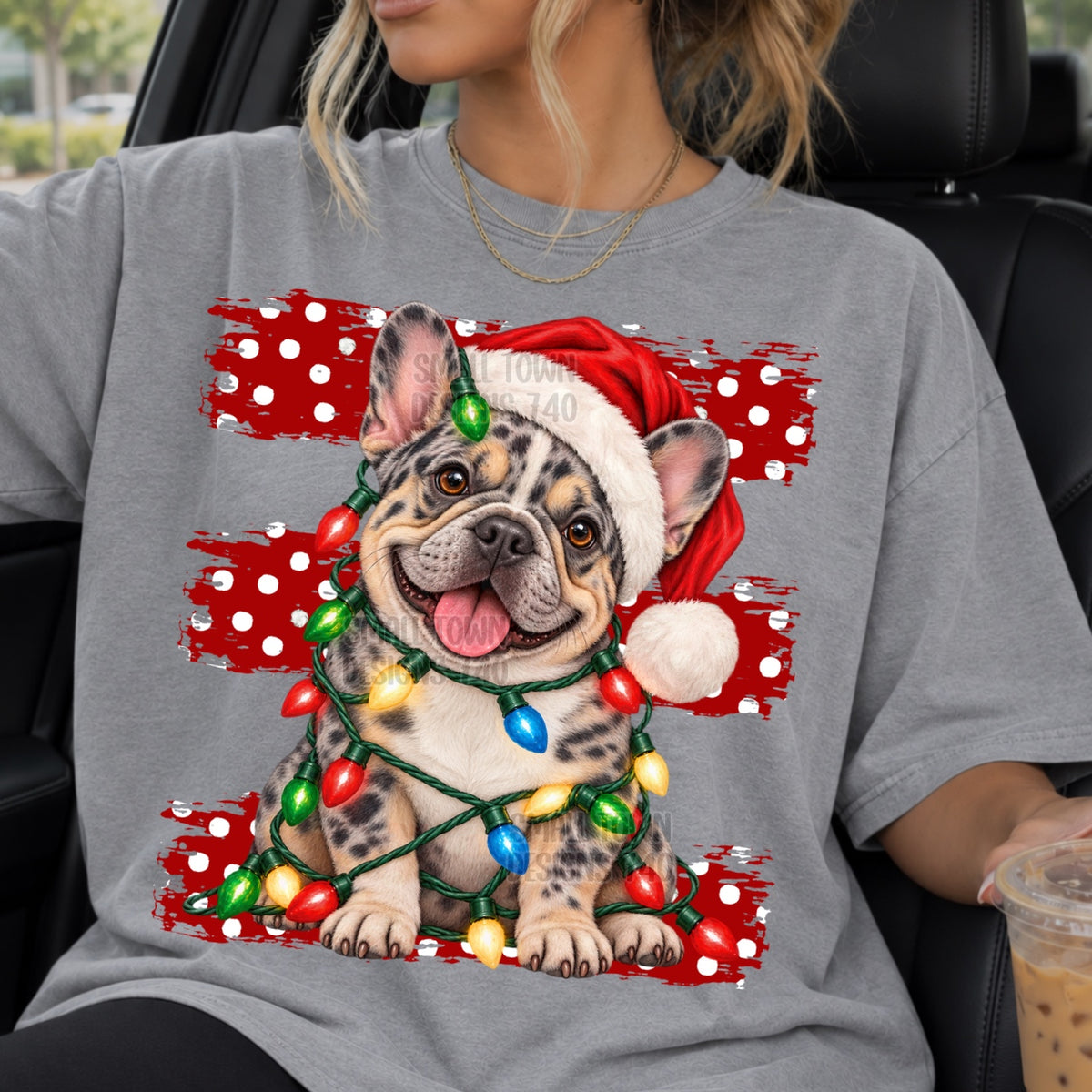 Frenchie wrapped in Christmas lights red polkadot stripes (STD) DTF Transfer