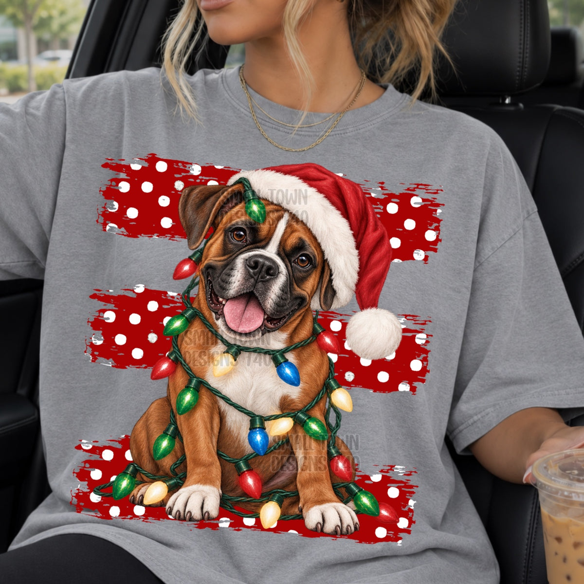 Boxer wrapped in Christmas lights red polkadot stripes (STD) DTF Transfer