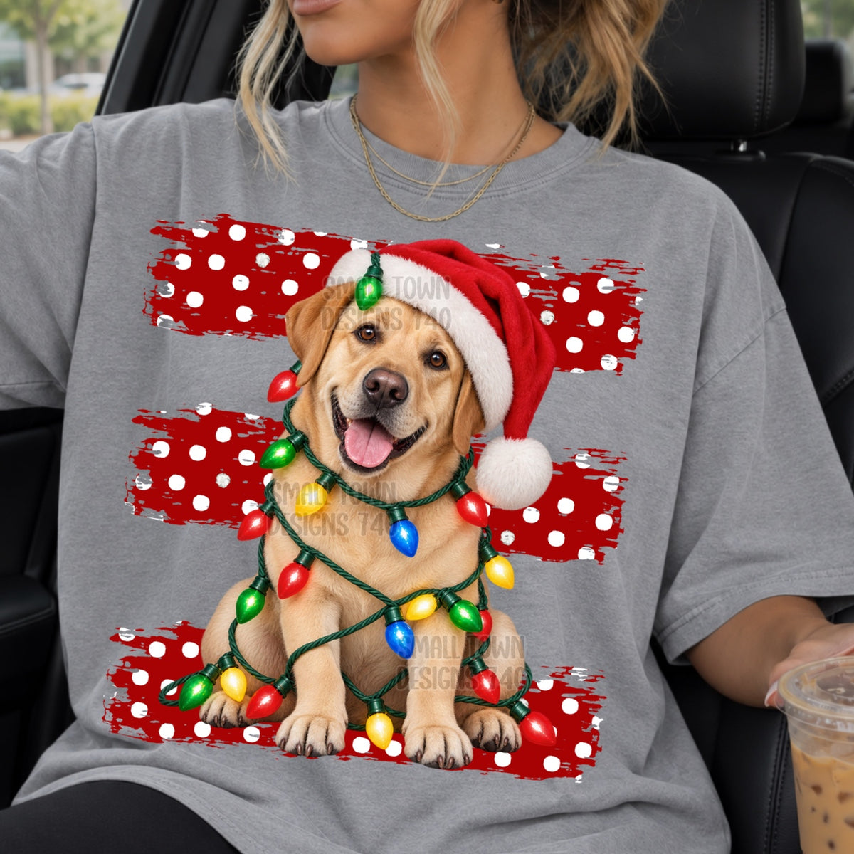 Golden lab wrapped in Christmas lights red polkadot stripes (STD) DTF Transfer