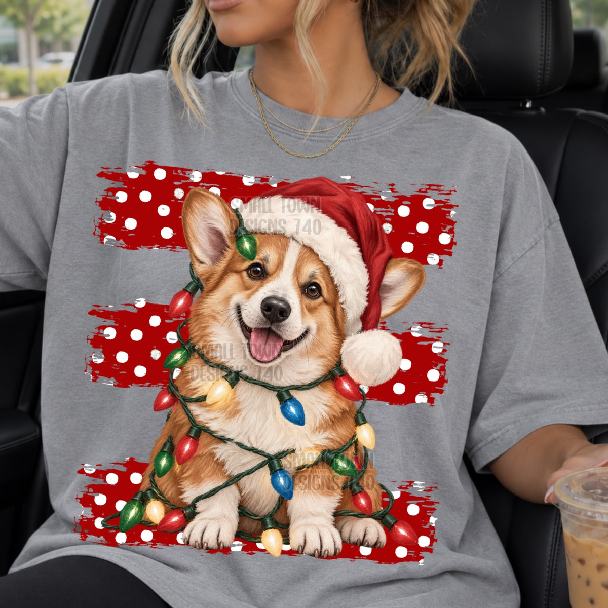 Corgi wrapped in Christmas lights red polkadot stripes (STD) DTF Transfer
