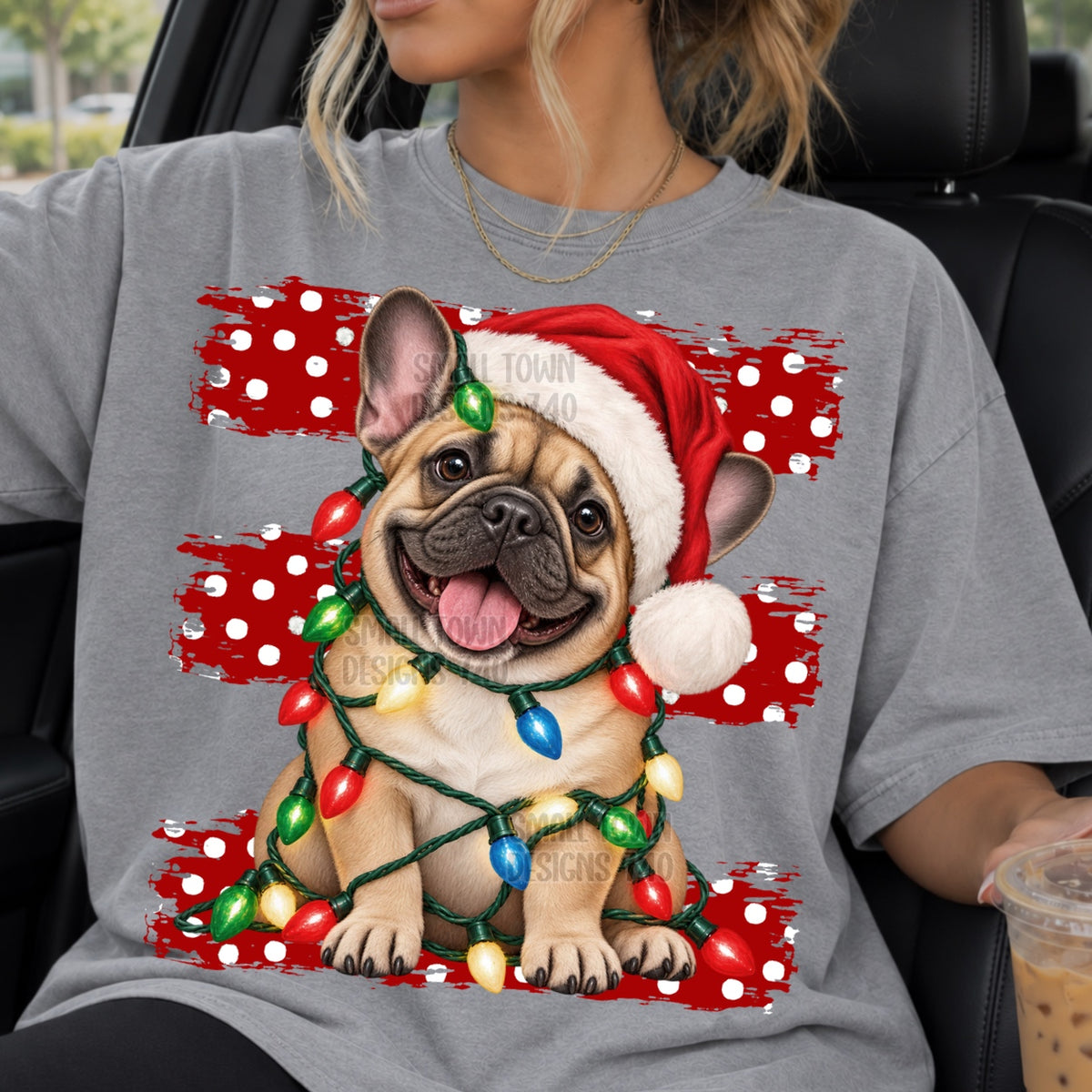 Tan Frenchie wrapped in Christmas lights red polkadot stripes (STD) DTF Transfer