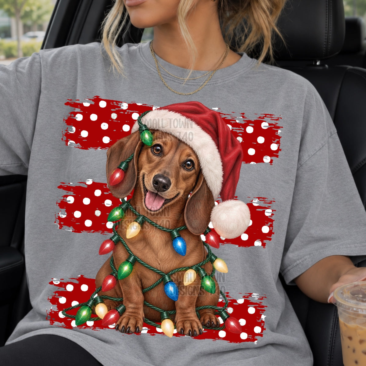 Red dachshund wrapped in Christmas lights red polkadot stripes (STD) DTF Transfer