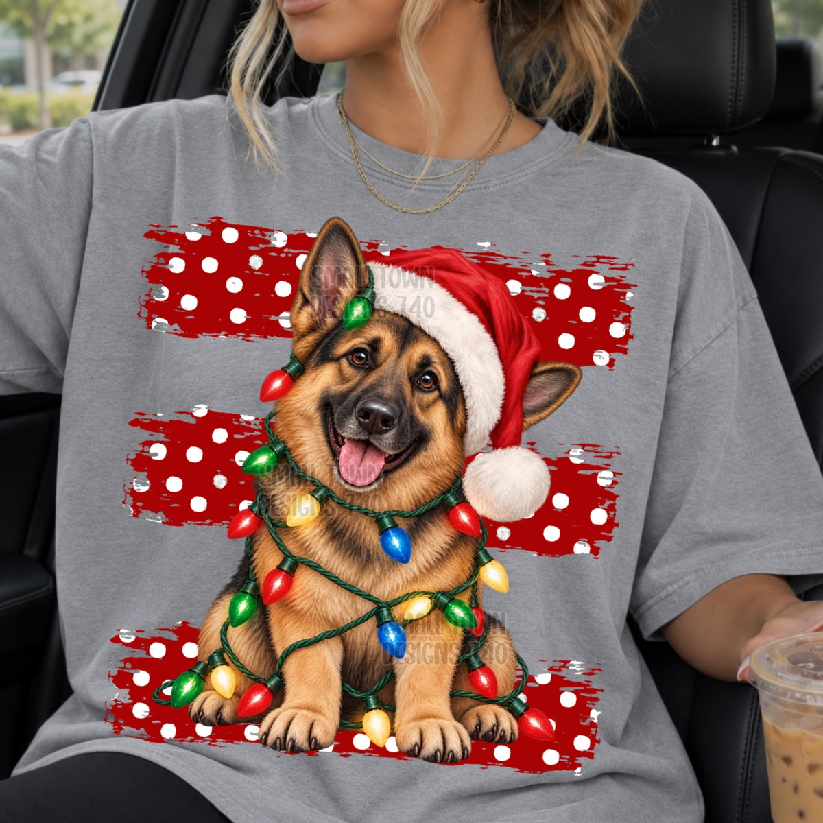 German shepherd wrapped in Christmas lights red polkadot stripes (STD) DTF Transfer