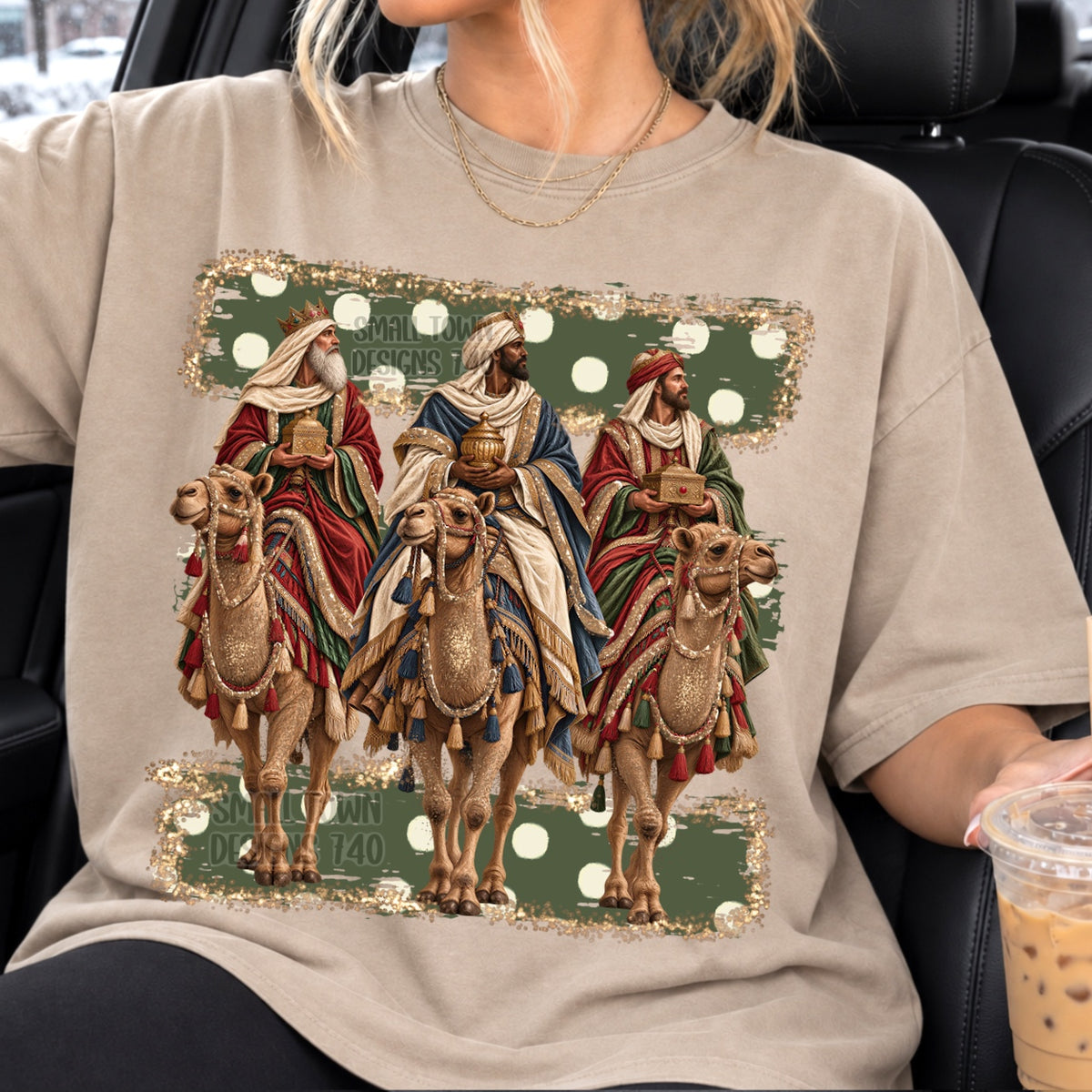 3 wise men on camels with green and white polkadot stripes (STD) DTF Transfer