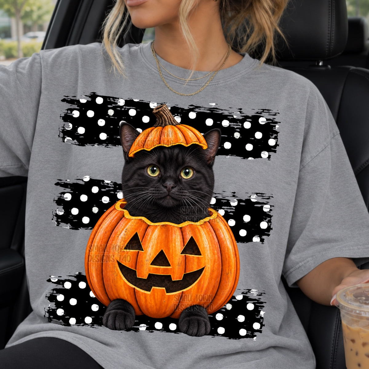 Black cat sitting in pumpkin with black and white polkadot stripes (STD) DTF Transfer