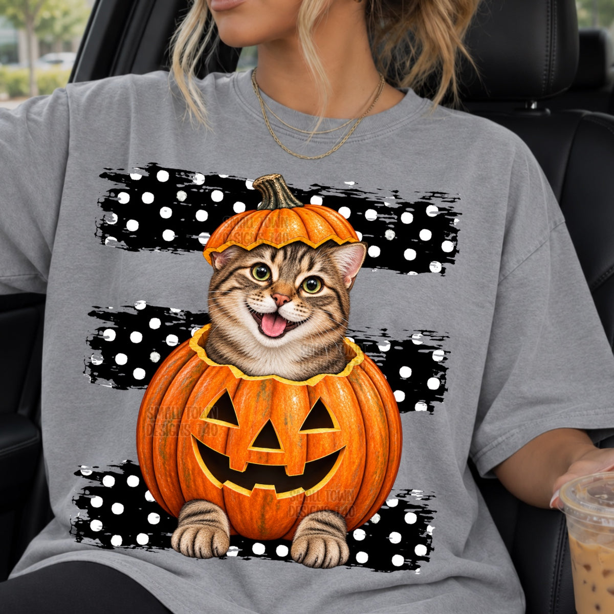Tabby cat sitting in pumpkin with black and white polkadot stripes (STD) DTF Transfer
