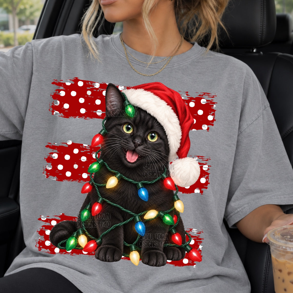 Black cat red and white polkadot stripes with Christmas lights (STD) DTF Transfer