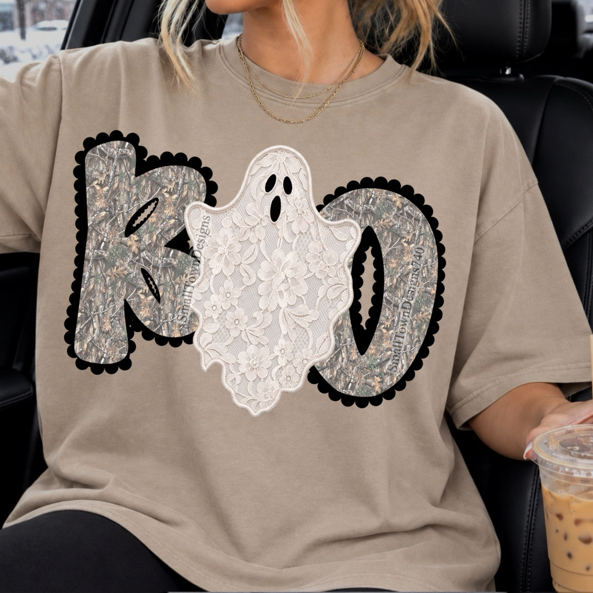 Boo-white lace ghost with camo font/black outline (tan) (STD) DTF Transfer