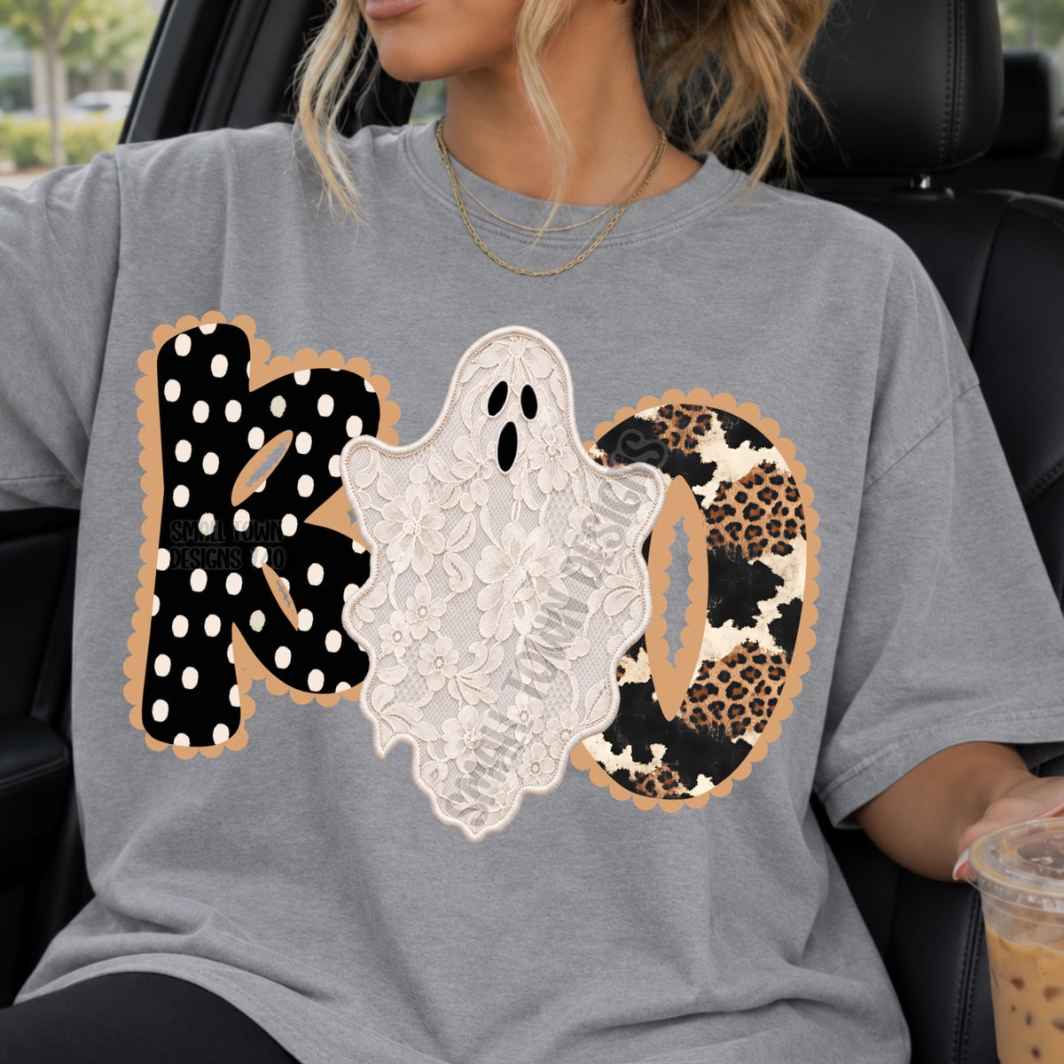 Boo-white lace ghost with dots and leopard/cow font (STD) DTF Transfer