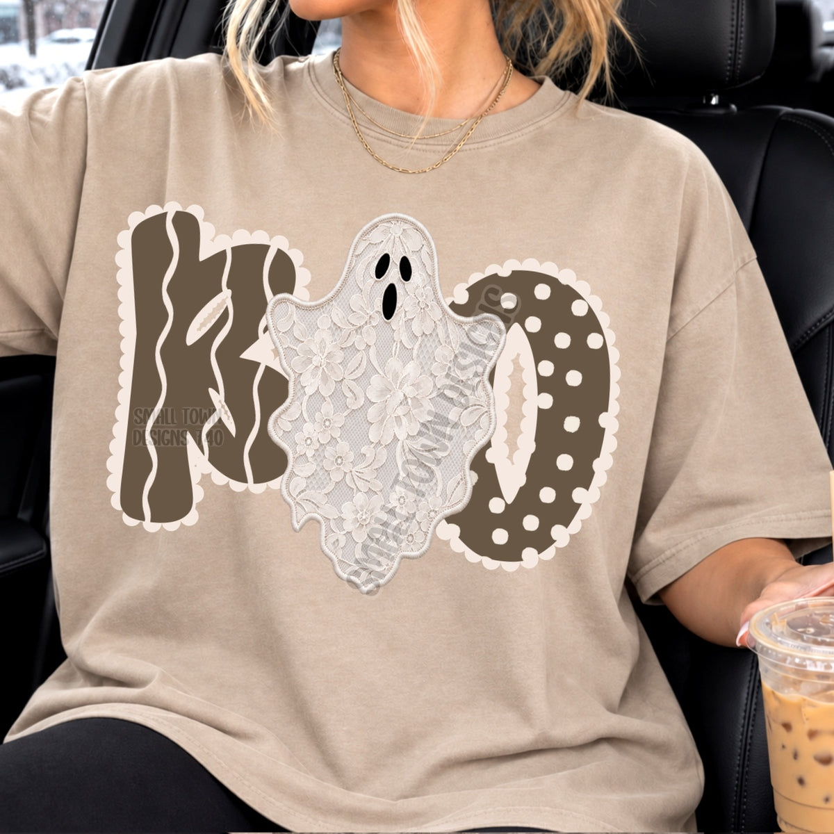 Boo-white lace ghost with sqiggly lines and dot font (tan) (STD) DTF Transfer