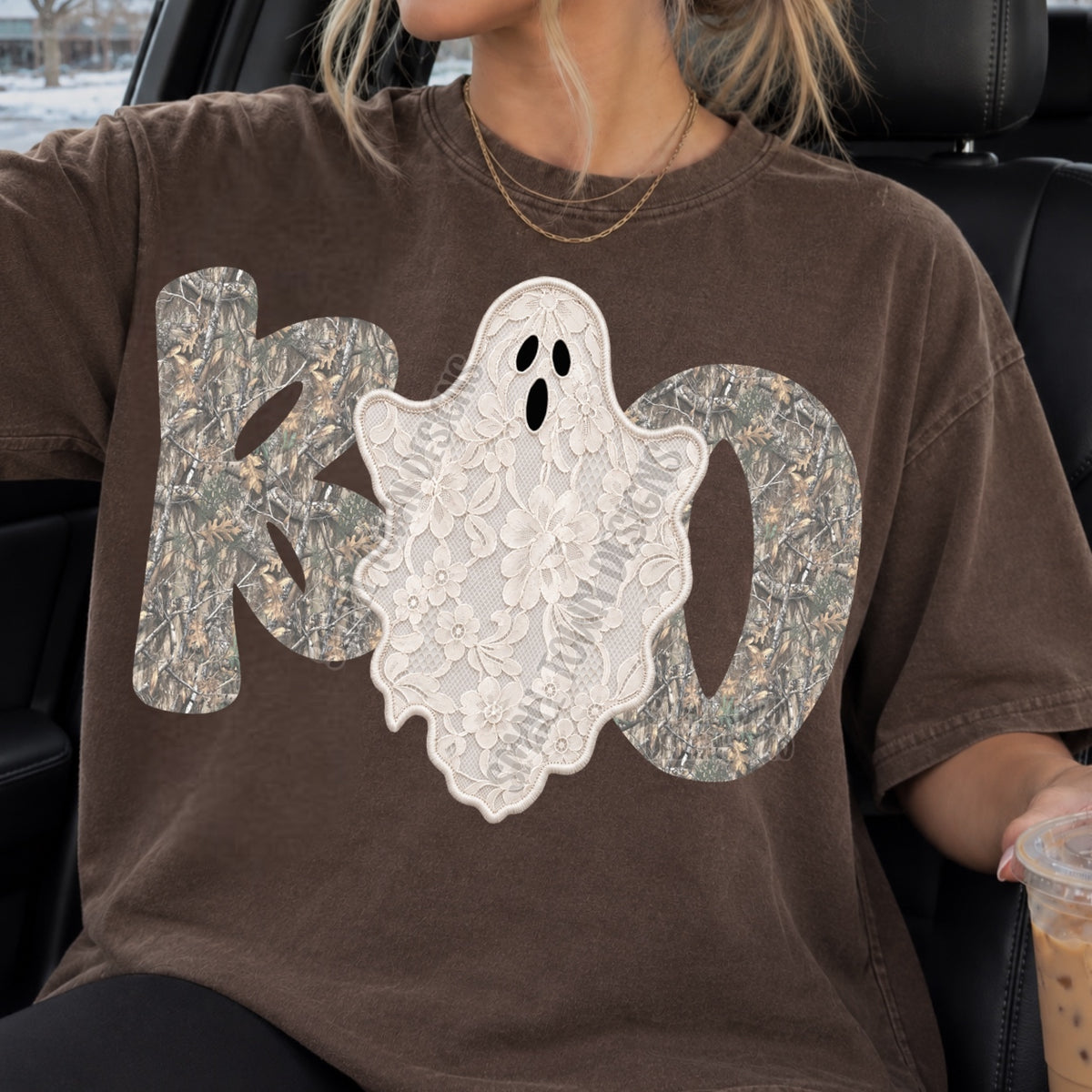 Boo-white lace ghost with camo font (tan) (STD) DTF Transfer