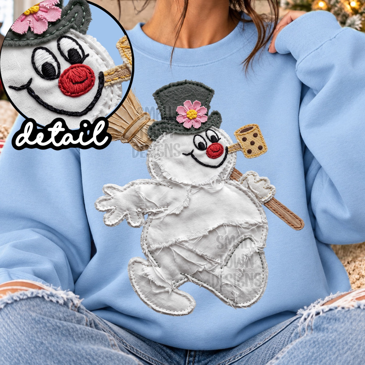 Faux fabric patch jolly snowman with corn cob pipe (STD) DTF Transfer