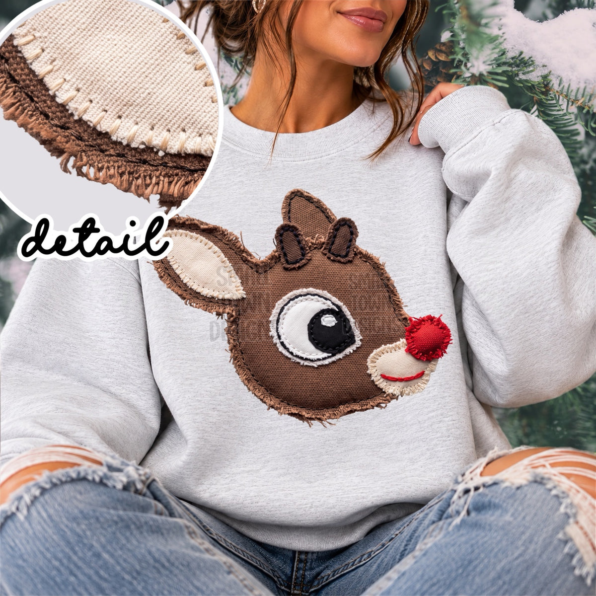 Faux fabric patch reindeer face with red nose (STD) DTF Transfer
