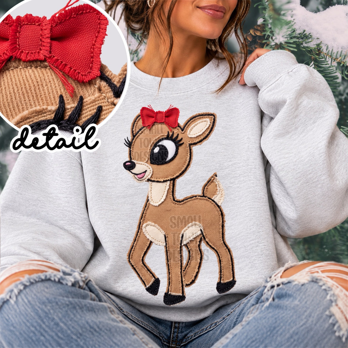 Faux fabric patch reindeer girl full body with red bow (STD) DTF Transfer