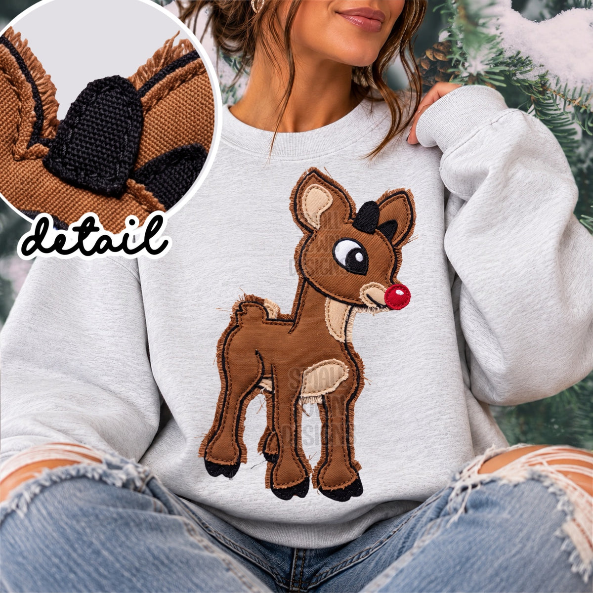 Faux fabric patch reindeer full body with red nose (STD) DTF Transfer