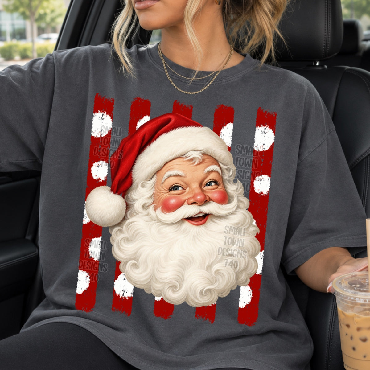 Santa with Red strip/white dot background (STD) DTF Transfer