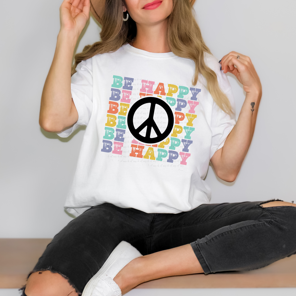 Be Happy Stacked Colorful Hippie 114754 DTF transfer