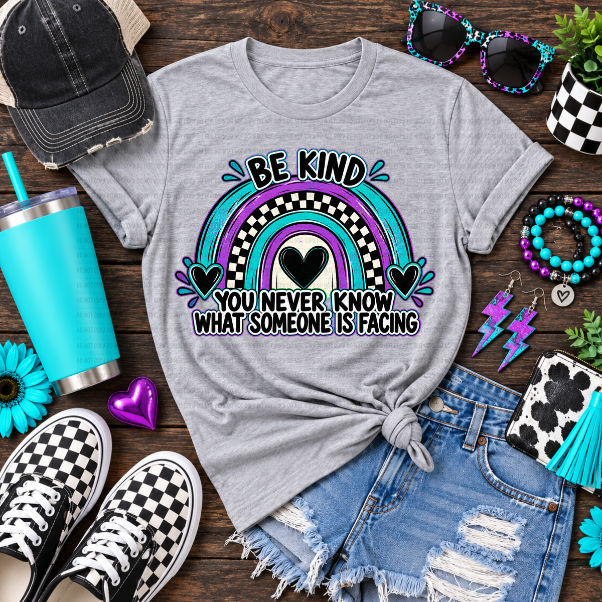 Be kind you never know what someone is facing purple and teal rainbow (Revel) DTF Transfer