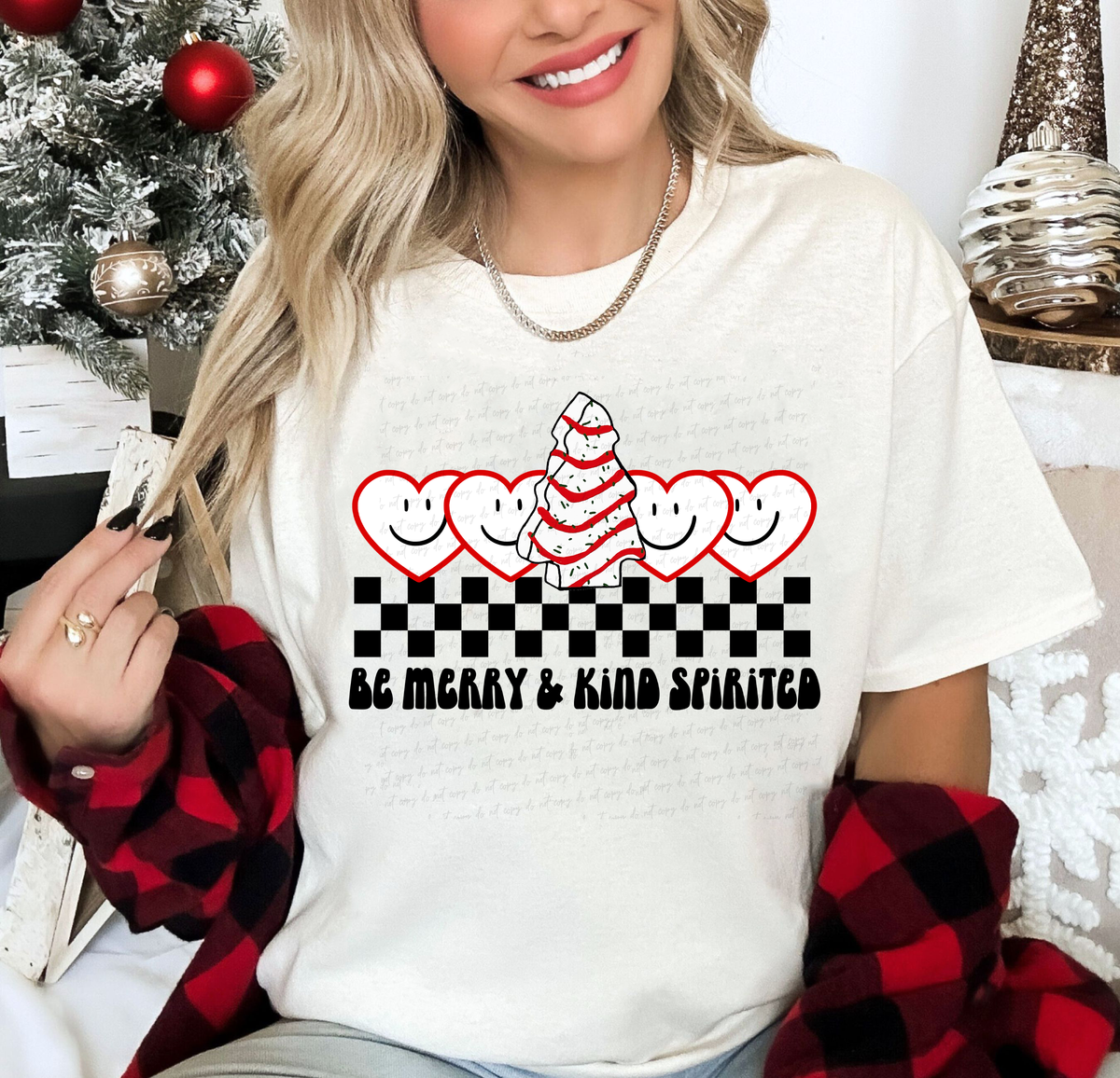 Be Merry and Kind Spirited Hearts Christmas Tree Cake Checkered 114949 DTF Transfer