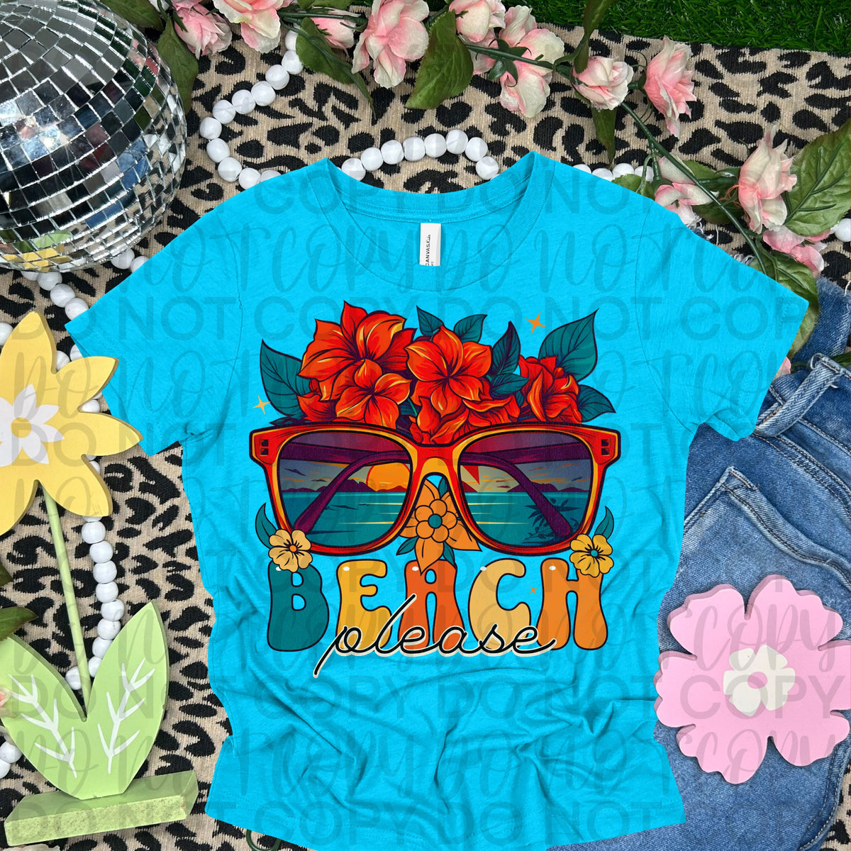 Beach Please Shades and Florals (Starlight) 102275 DTF transfer