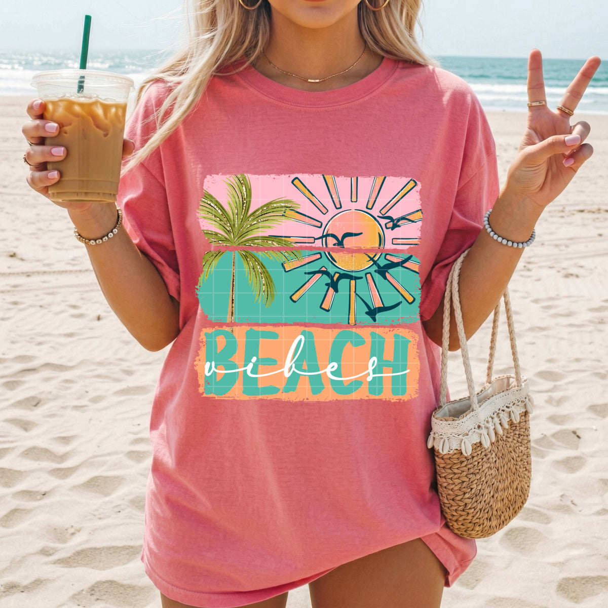 Beach vibes teal and white words (SDD) DTF Transfer