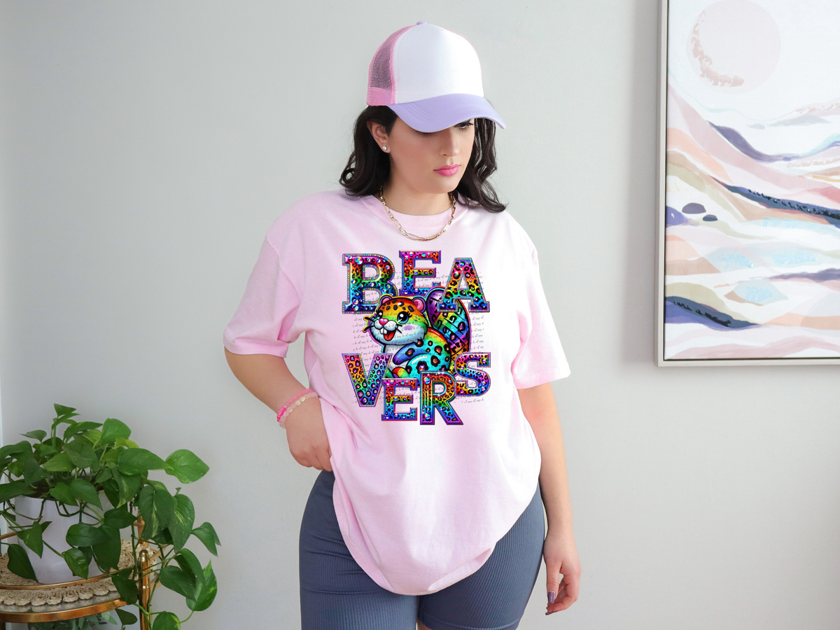 Beavers Mascots Rhinestone Leopard Rainbow 42864 DTF transfer