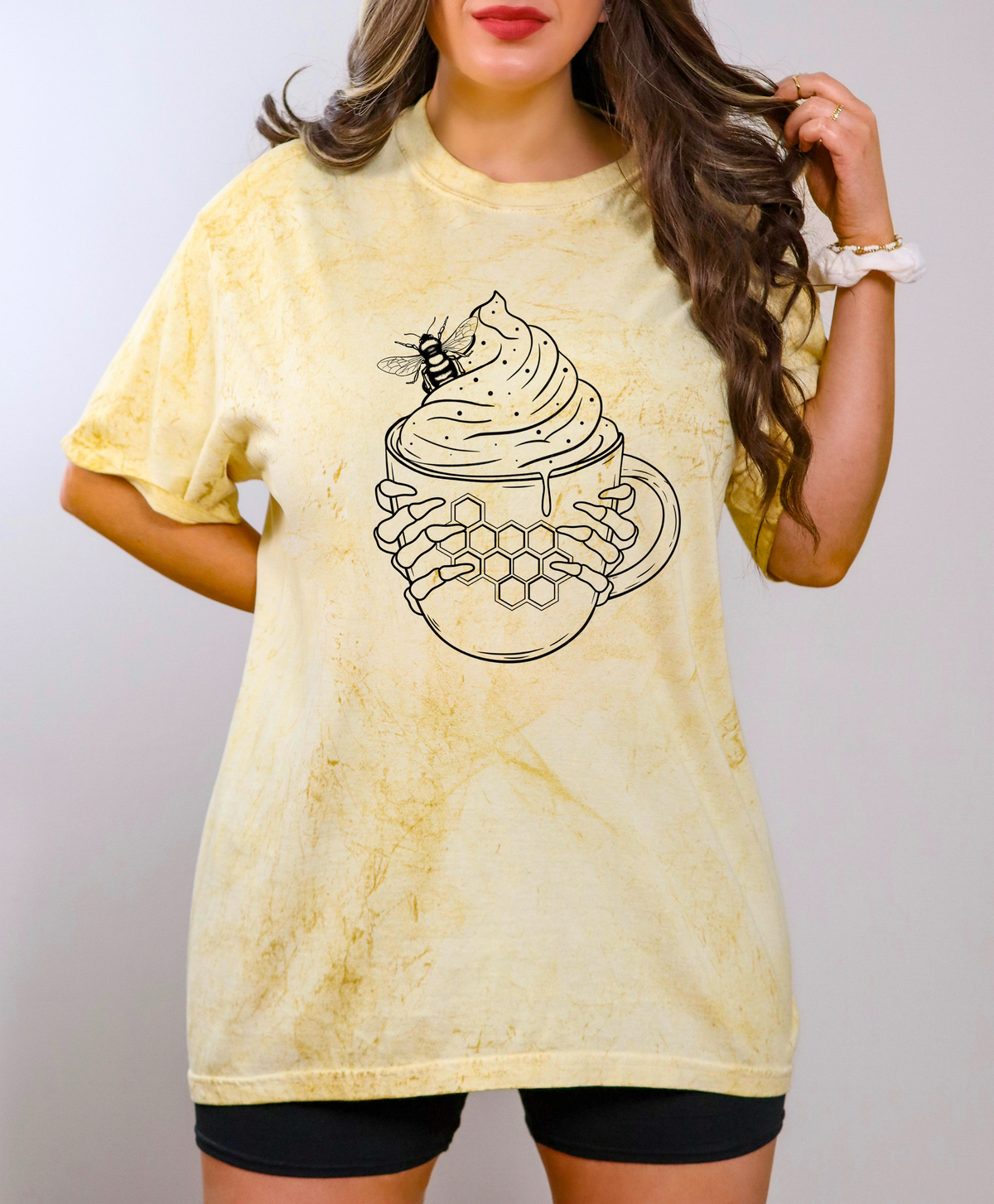 Bee Cup Honeycomb with Skellie Hand Black Outline 115705 DTF Transfer