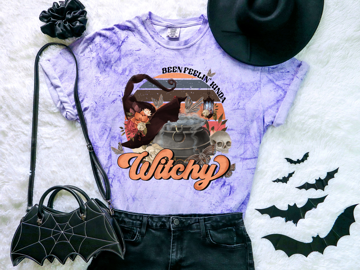 Been Feelin Kinda Witchy Retro Circle Cauldron Skull Witch Hat Butterflies 115748 DTF Transfer