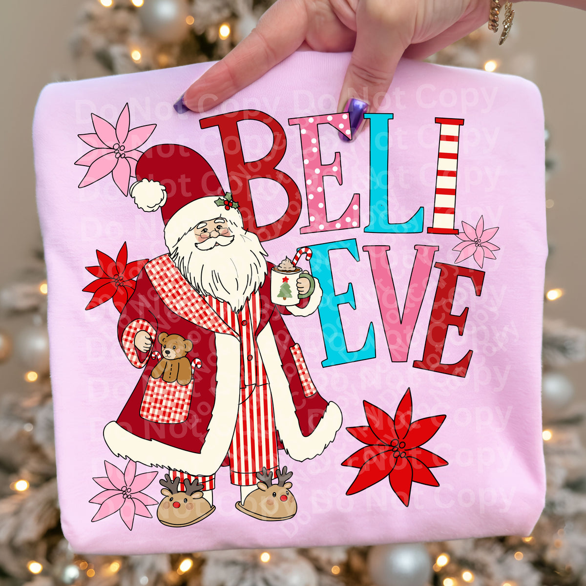 Believe vintage Santa pink and red flowers (Irene) DTF Transfer