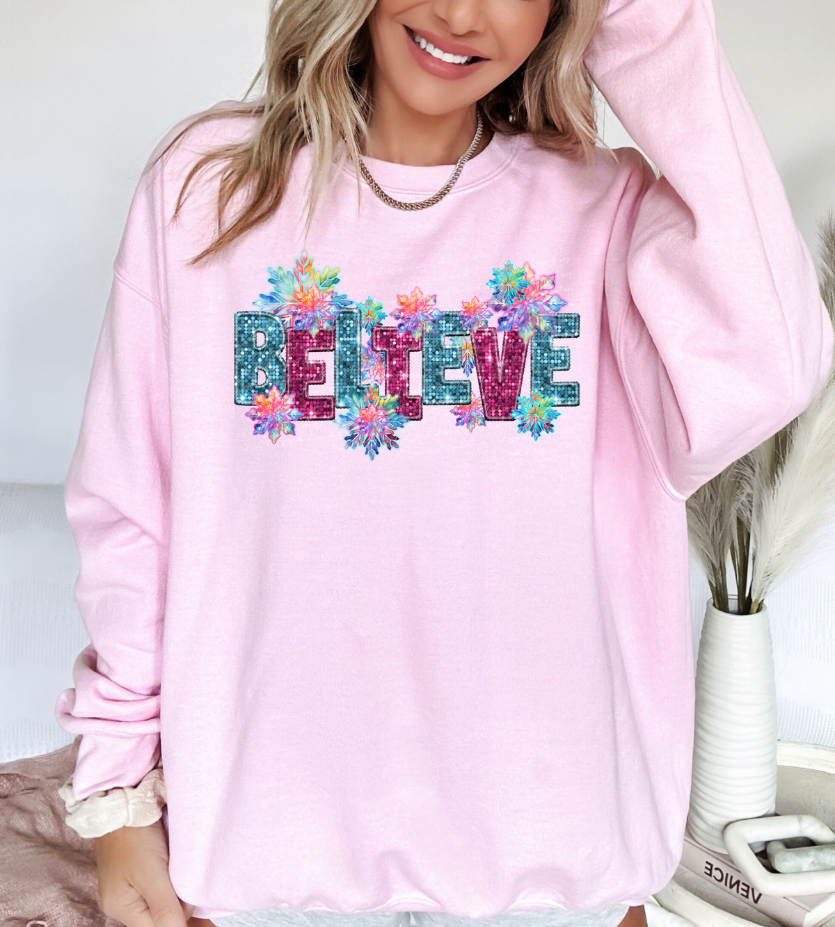 Believe Aqua Pink Neon Snowflakes 111917 DTF transfer