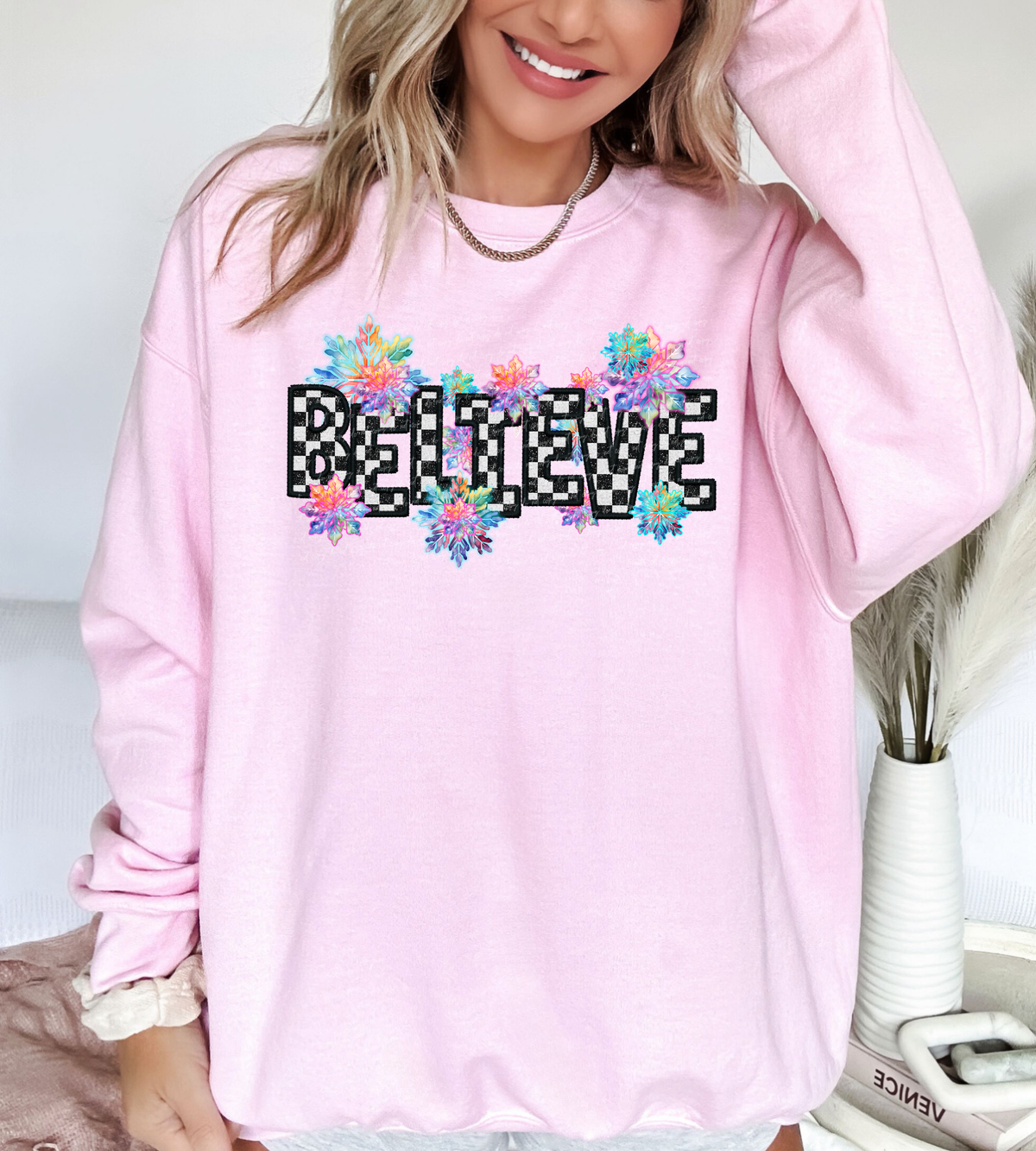 Believe Black White Checker Neon Snowflakes 111918 DTF transfer