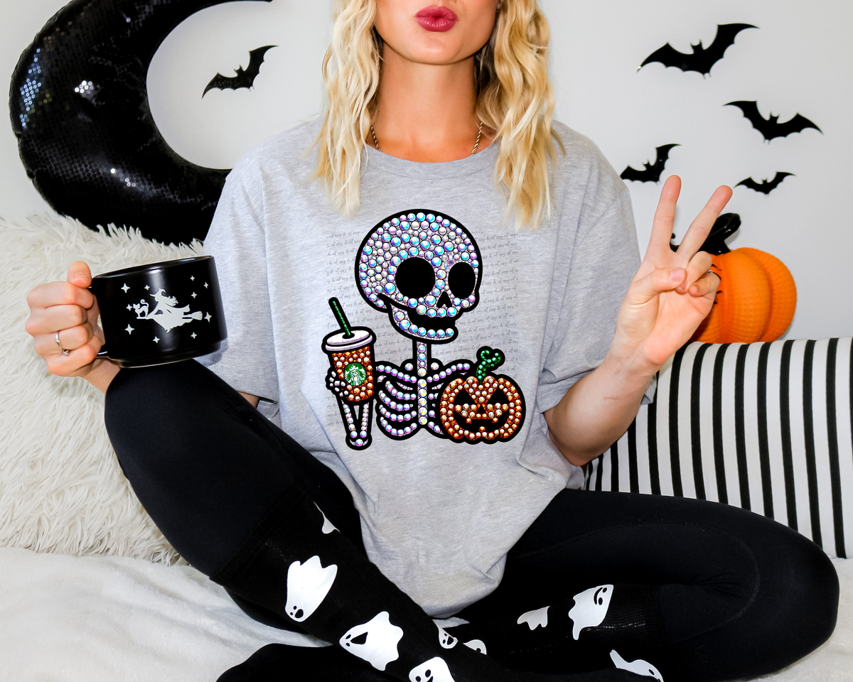 Bling Skellie With Coffee And Jack O Lantern 51701 DTF transfer