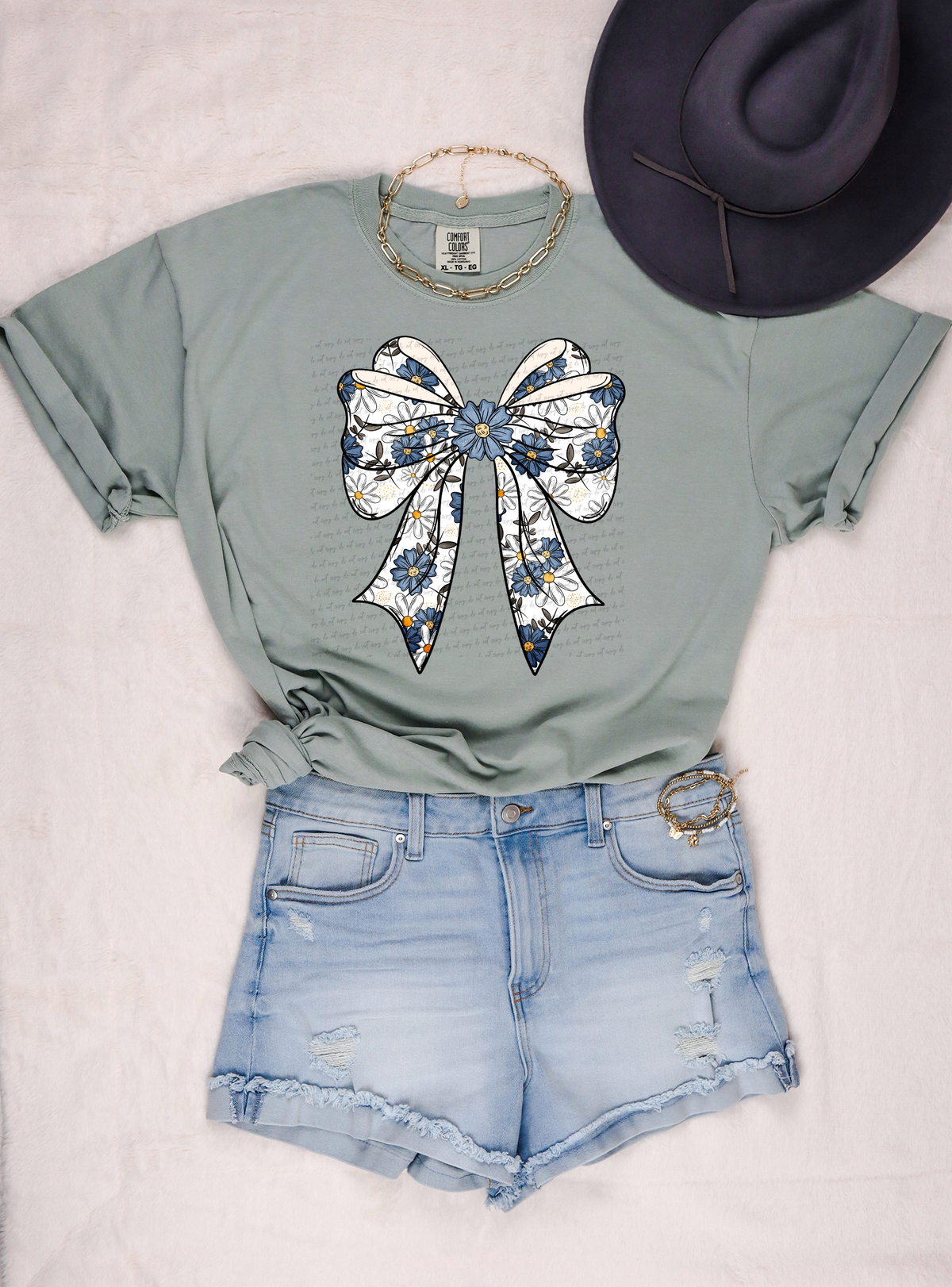 Blue White Flower Filled Bow 86131 DTF Transfer