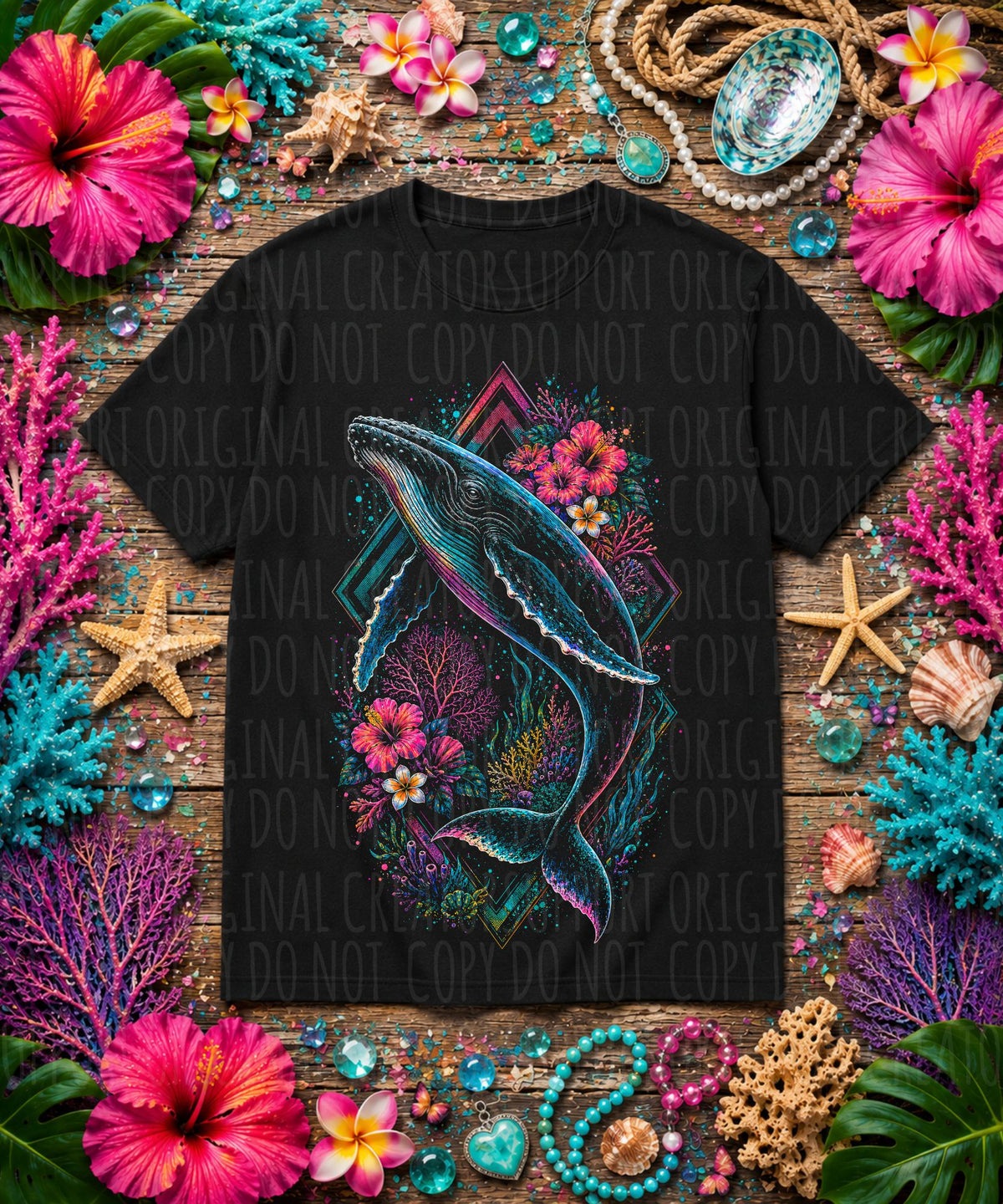 Floral blue whale (Starlight) DTF Transfer