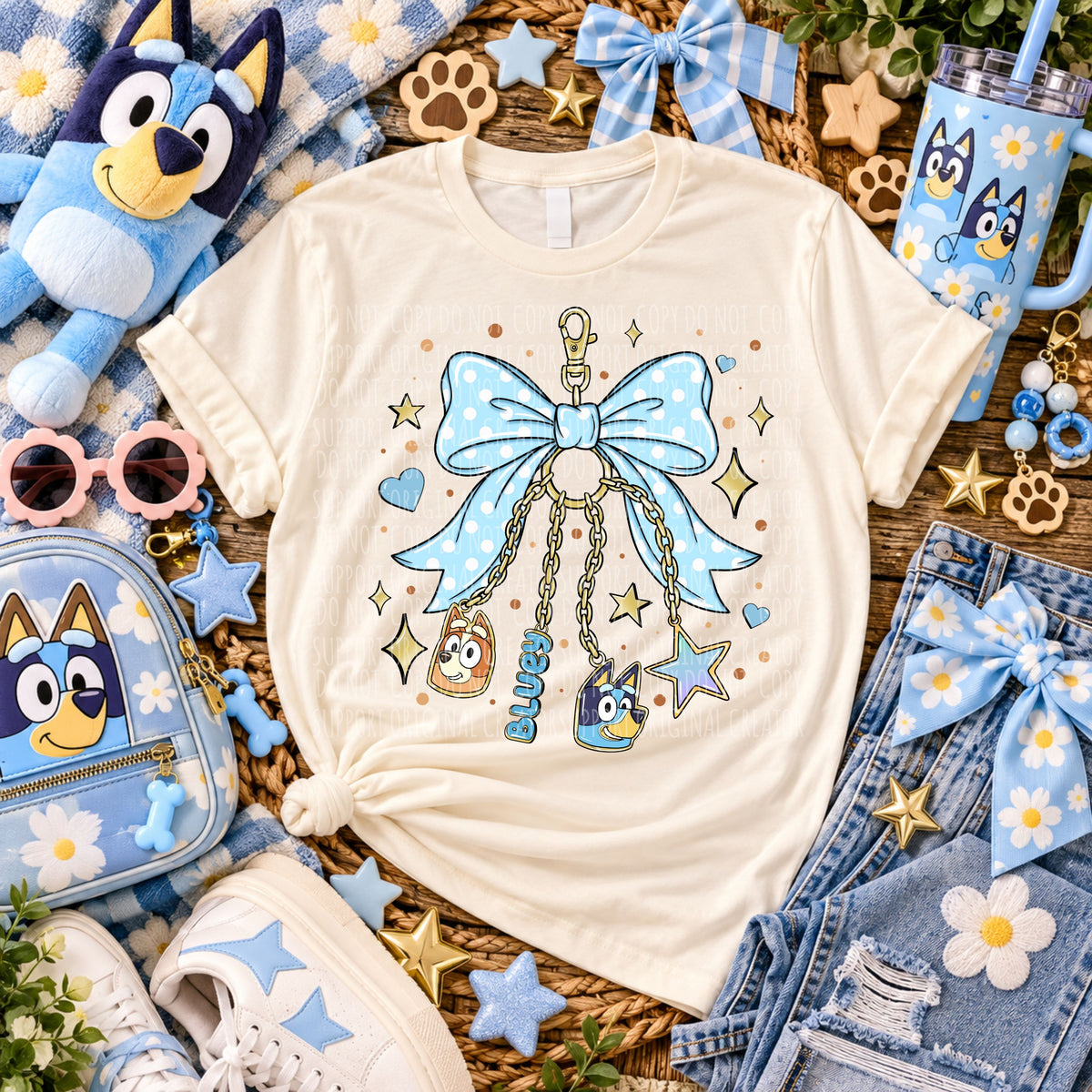 Blue dog key chain with bow (Starlight) DTF