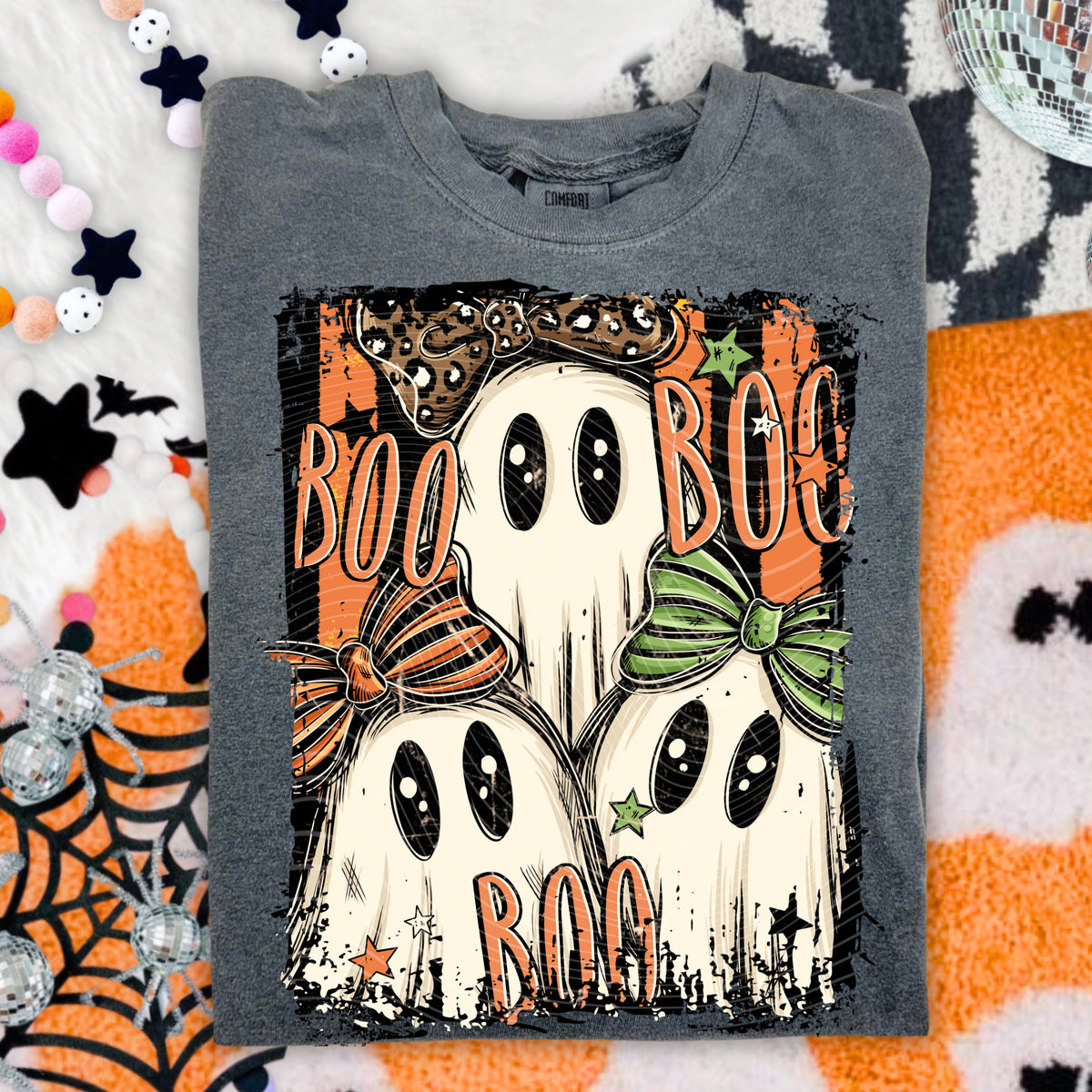 Boo ghost with bows distressed stripes (AG) DTF Transfer