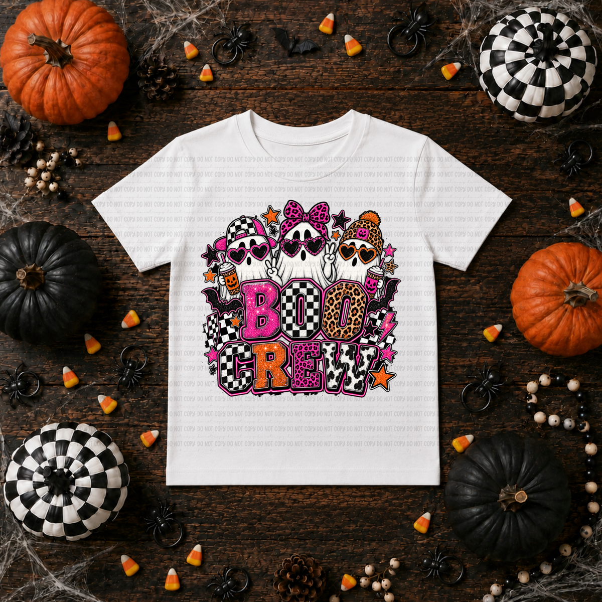 Boo crew trio ghosts with chaeta and checkered print (Revel) DTF transfer