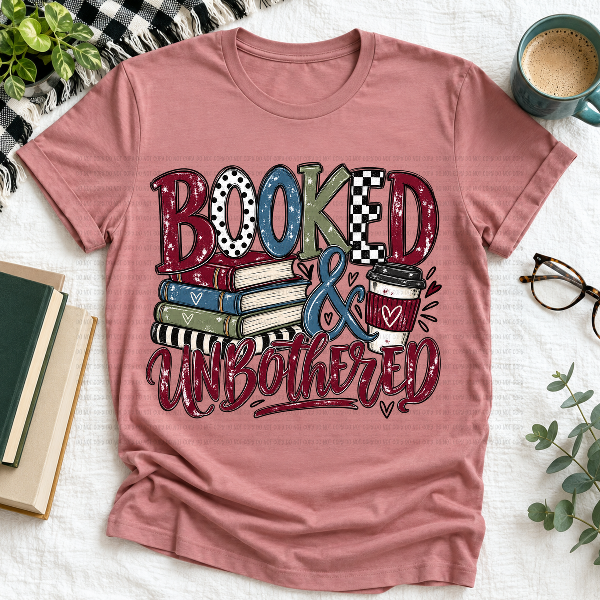 Booked & unbothered books & coffee marron blue and green (Revel) DTF Transfer