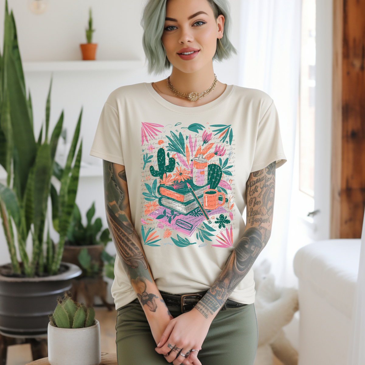 Books Pencil Coffee Cactus Floral 81395 DTF Transfer