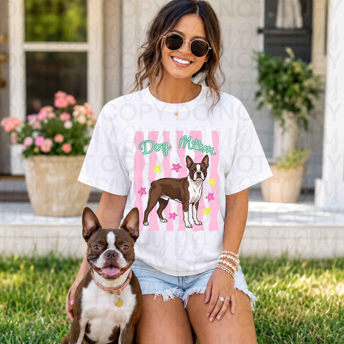 Dog mom PINK stripes boston terrier (UAC) DTF Transfer