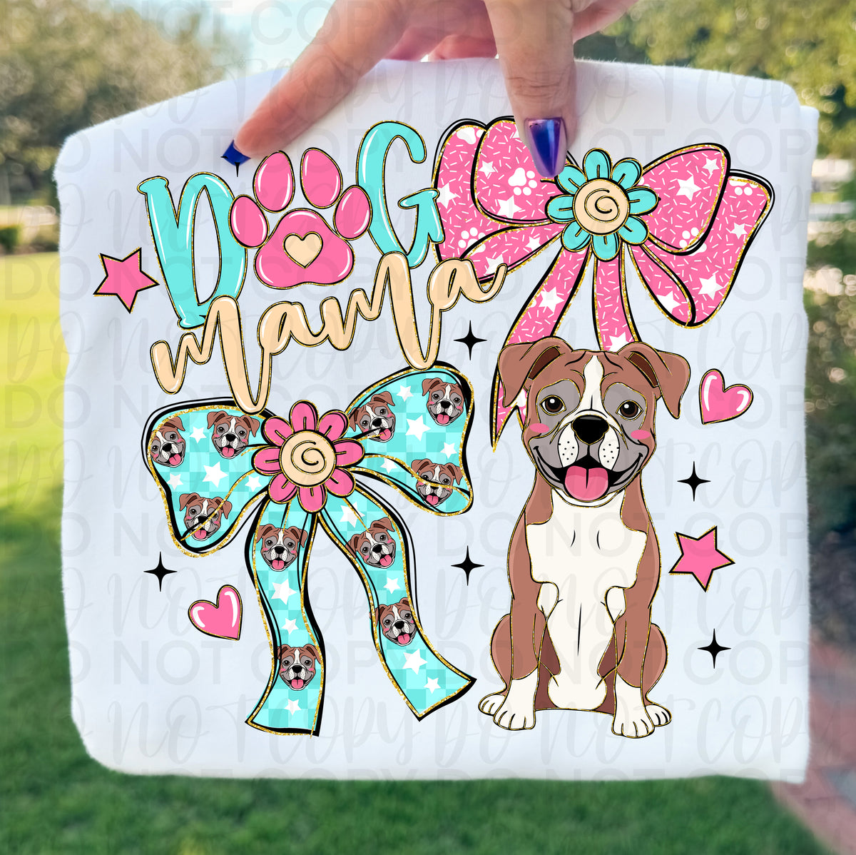 Dog mama boxer (pink and teal w bows) (UAC) DTF Transfer