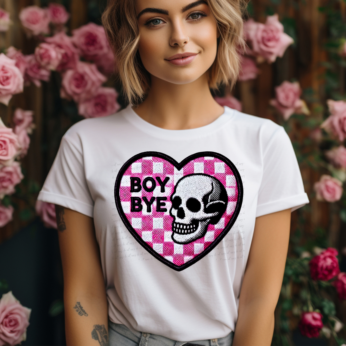 Boy Bye Skull Checkered Heart Faux Embroidery 81802 DTF Transfer