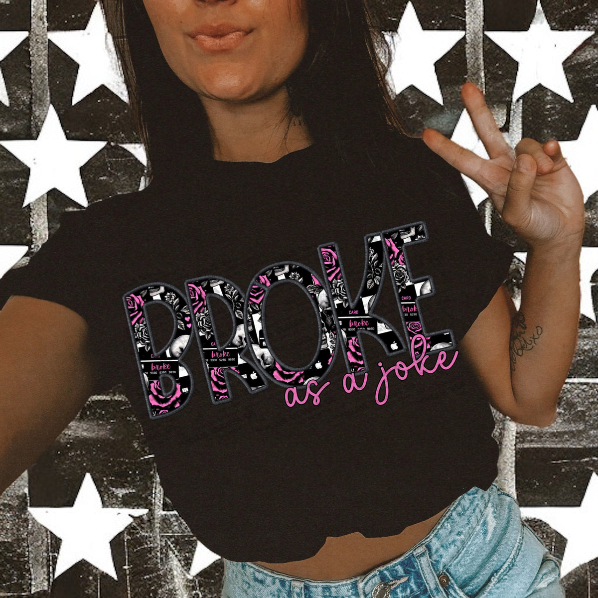 Broke as a Joke Pink Font (UDD) DTF transfer