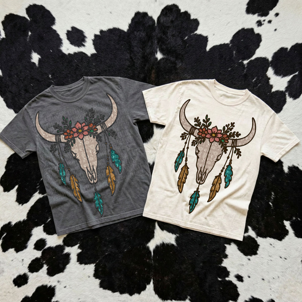 Faux embroidery lace bull skull black outline (Starlight) DTF Transfer