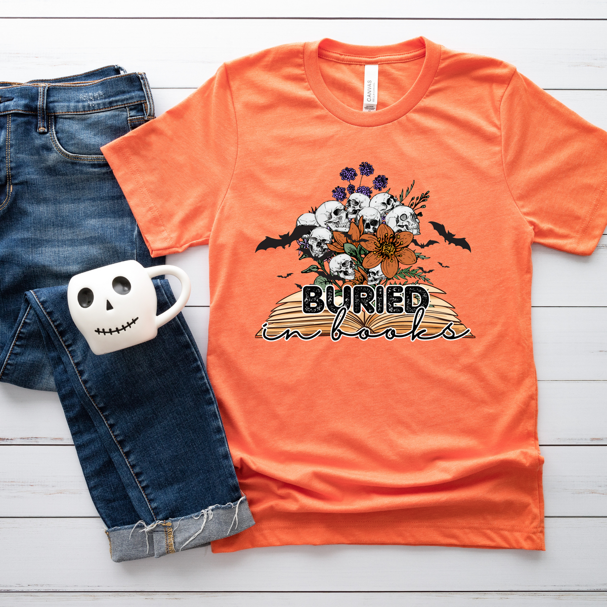 Buried in books (skulls and florals) 10155 DTF TRANSFERS