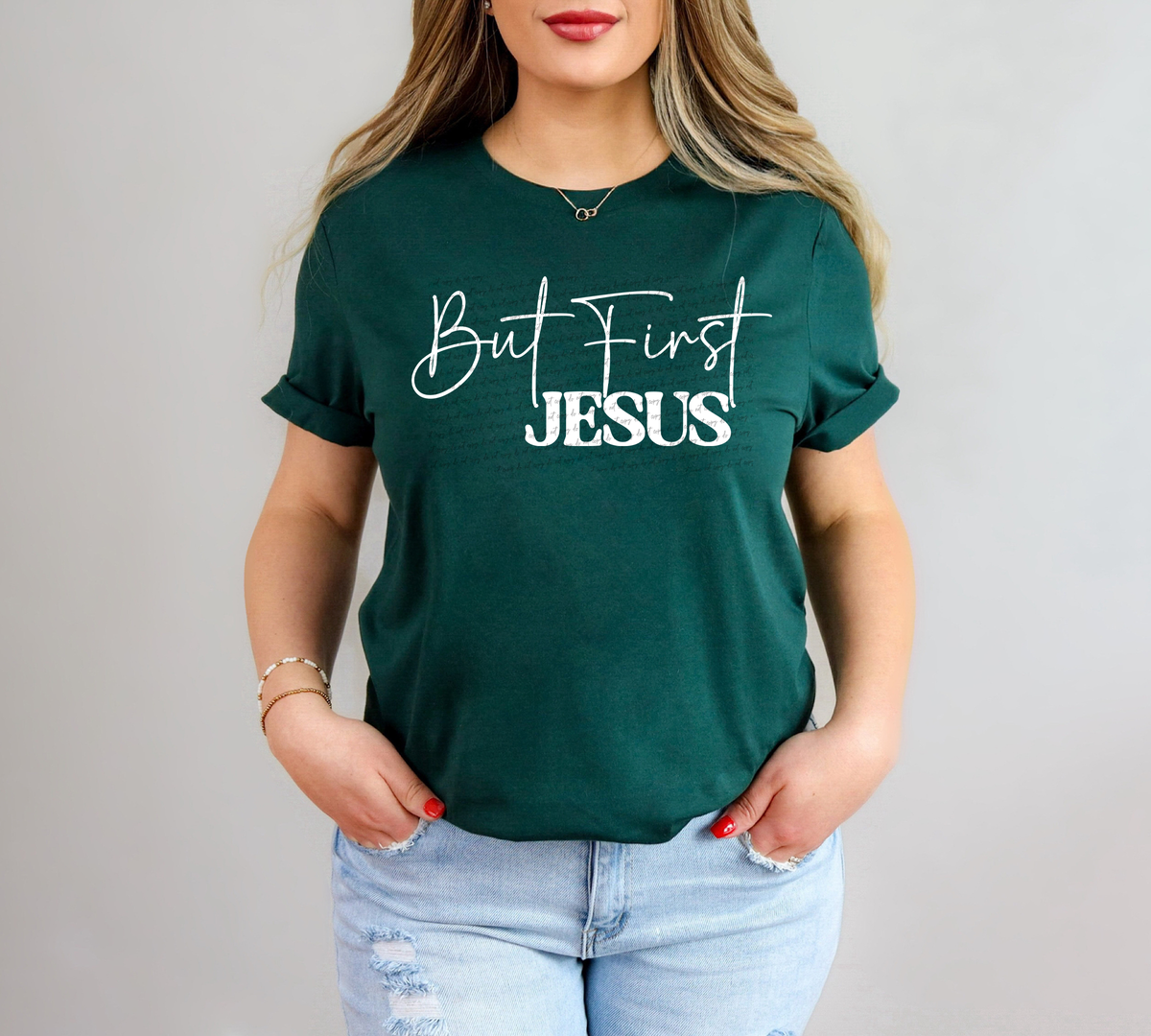 But First Jesus Cursive And Serif Font White 89309 DTF Transfer