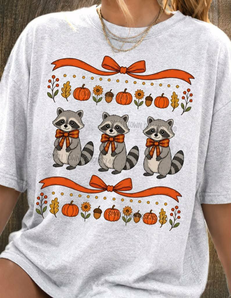 Vintage raccoons with pumpkin and floral bow border (STD) DTF Transfer