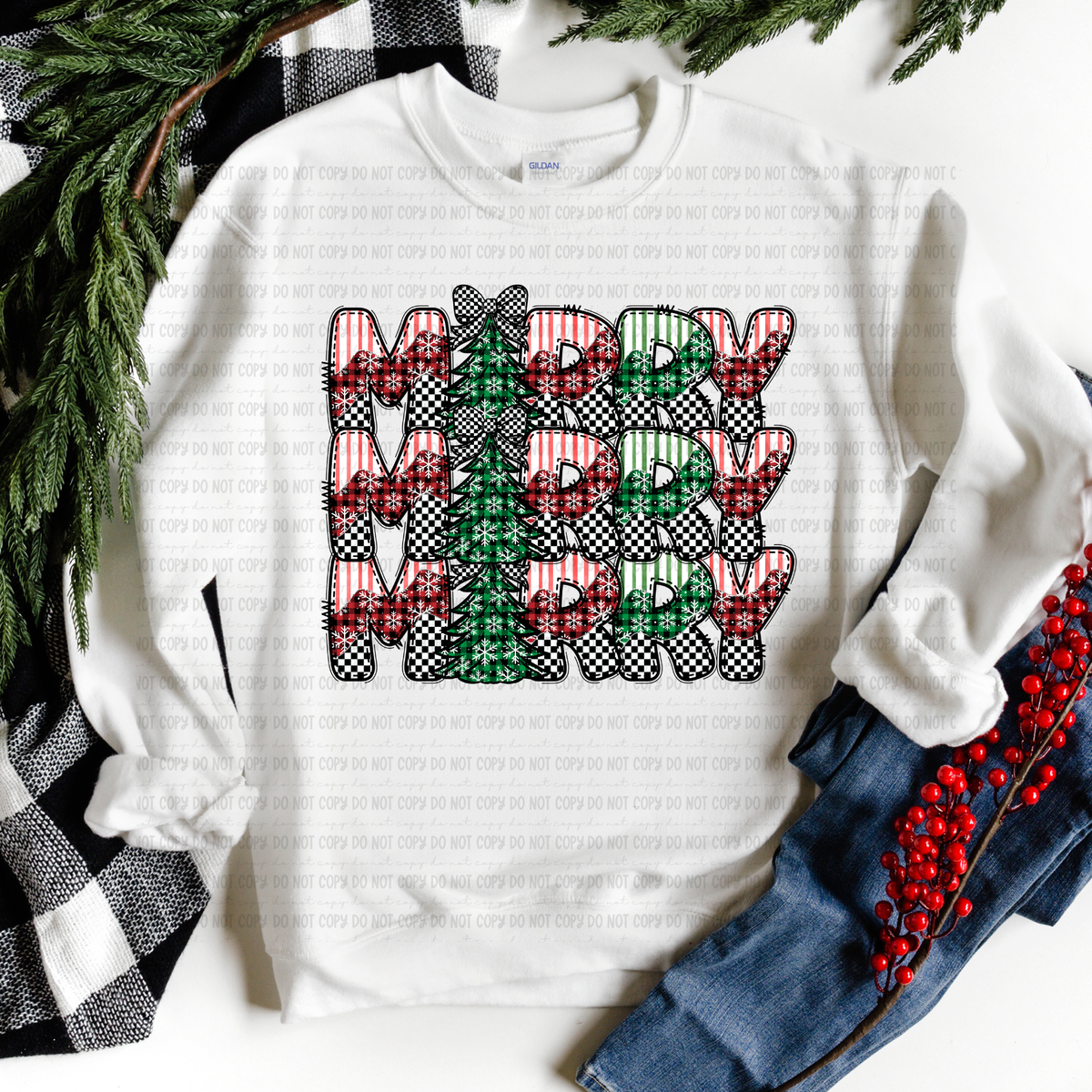 Merry Stacked stripe plaid and checker (revel) DTF Transfer