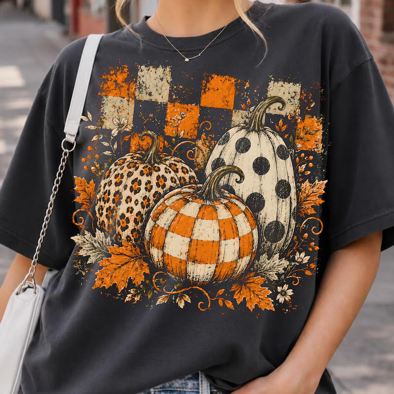 3 pumpkins with checker background Sunday Special DTF transfer