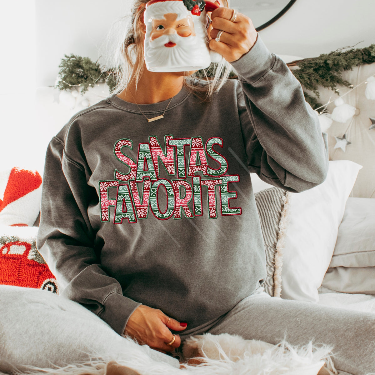 Santa’s Favorite red and green sweater pattern DTF transfer